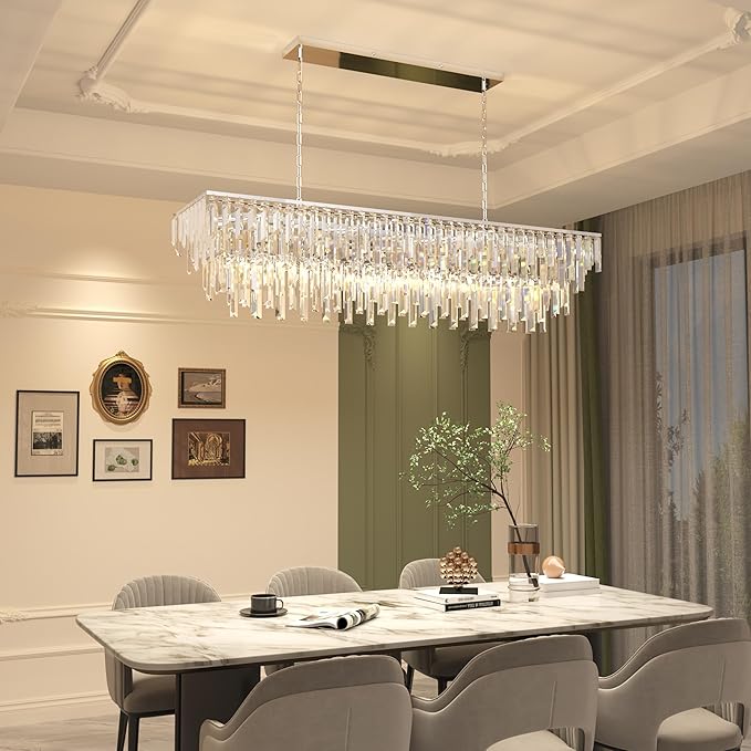 Rectangle Crystal Chandelier 47 Inch, 14-Light Dining Room Chandelier Over Table, Chrome Modern Contemporary Pendant Light, Raindrop Hanging Ceiling Lighting Fixture for Kitchen Living Room