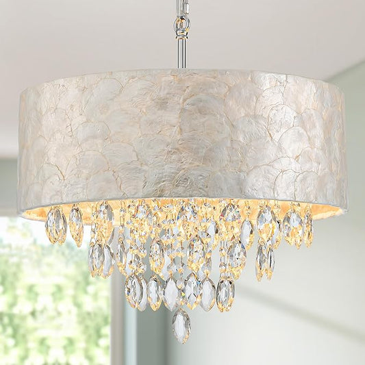 4-Light Drum Capiz Shell K9 Crystal Chandelier, Coastal Style Pendant Light Fixture for Dining Room, Living Room, D17.7 x H21~68 inch (Adjustable), Clear Crystal & Chrome Finish