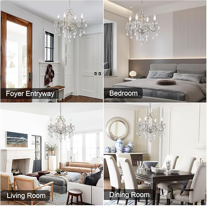 Crystal Chandelier Light Fixture, Modern K9 Crystal Chandeliers for Dining Room 4-Lights Nickel Pendant Ceiling Light Fixture for Entryway Kitchen Island Bathroom Bedroom Living Room, H 21" x W 17.7"