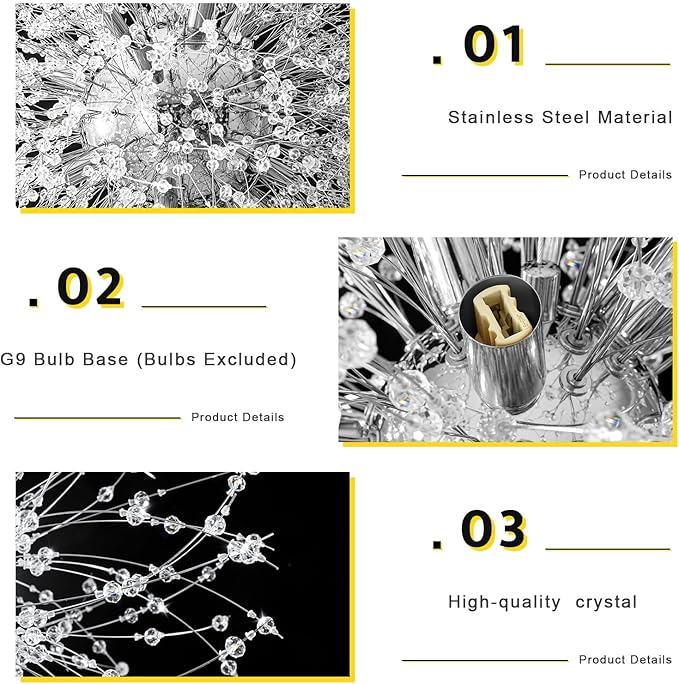 Qamra Modern Crystal Chandeliers, Chrome Firework Dandelion Sputnik Chandelier Light Fixture Pendant Lighting for Dining Room, Bedroom, Kitchen, Living Room(16-Light, Chrome)