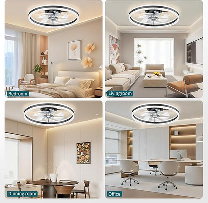 Ceiling Fans with Lights and Remote, 20" Low Profile Ceiling Fan, Dimmable Modern Flush Mount LED Fan Light, 6 Wind Speeds, Black Fandelier Ceiling Fans for Bedroom (Black)