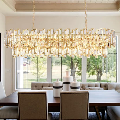 Rectangle Gold Chandeliers for Dining Room 2-Tier 16 Lights Modern Crystal Chandelier Luxury Rectangular Oval Preinstalled Top K9 Crystal Contemporary Pendant Lighting Fixture 51"