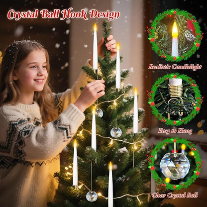 0.4" x6" LED Short Taper Candles with 12 Crystal Ball Hooks, 12 Pcs Flameless Christmas Tree Hanging Candles with Remote, Battery Operated Taper Candle for Xmas, Home, Indoor and Party