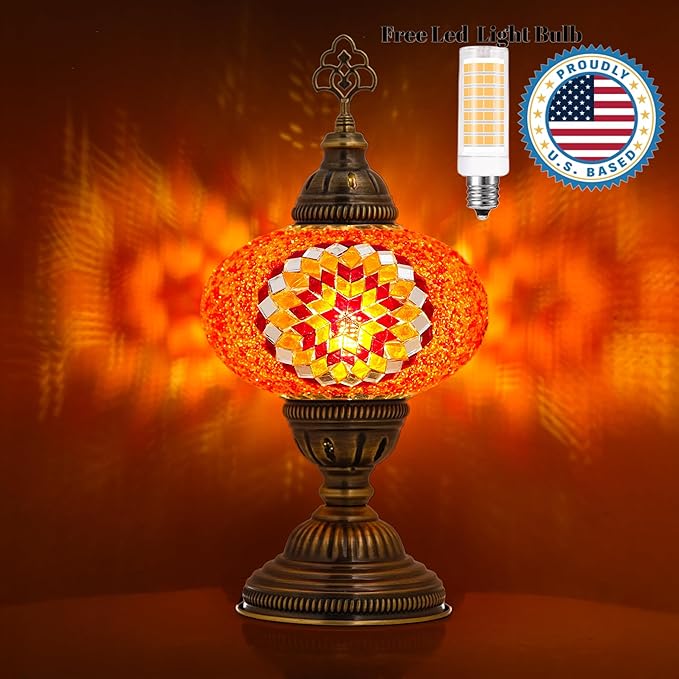 Turkish Lamp, Mosaic Table Lamp, Antique Moroccan Decorative Glass Bohemian Vintage Lamp Shade, Small Desk Tiffany Bedside Stained Glass Lamp with US Plug and E12 Socket