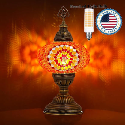 Turkish Lamp, Mosaic Table Lamp, Antique Moroccan Decorative Glass Bohemian Vintage Lamp Shade, Small Desk Tiffany Bedside Stained Glass Lamp with US Plug and E12 Socket
