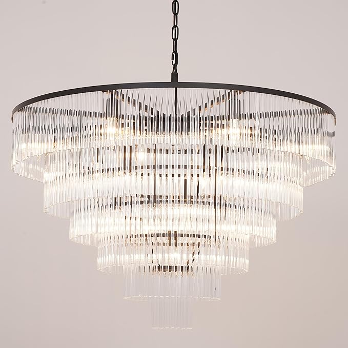 Modern Multi-Tier Crystal Chandelier 6-Tier Round Black Finish Ceiling Light -Cylindrical Glass Rods -Dining Room Living Room Bedroom Entryway -Luxury Lighting Fixture 35.5''