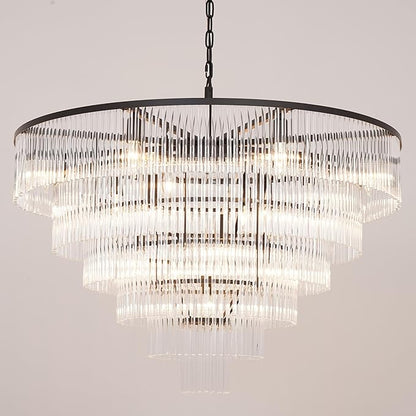 Modern Multi-Tier Crystal Chandelier 6-Tier Round Black Finish Ceiling Light -Cylindrical Glass Rods -Dining Room Living Room Bedroom Entryway -Luxury Lighting Fixture 35.5''