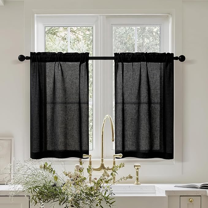 Black Linen Cafe Curtains 30 Inch Length 2 Panels Privacy Light Filtering Semi Sheer Front Door Small Window Treatment Boho Farmhouse Rod Pocket Short Curtains for Bathroom Kitchen Basement RV 26x30