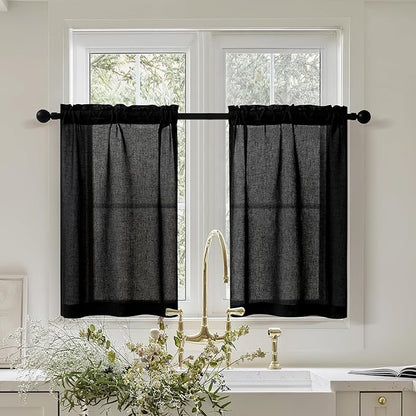 Black Linen Cafe Curtains 30 Inch Length 2 Panels Privacy Light Filtering Semi Sheer Front Door Small Window Treatment Boho Farmhouse Rod Pocket Short Curtains for Bathroom Kitchen Basement RV 26x30