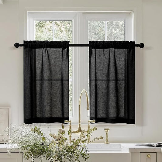 Black Linen Cafe Curtains 30 Inch Length 2 Panels Privacy Light Filtering Semi Sheer Front Door Small Window Treatment Boho Farmhouse Rod Pocket Short Curtains for Bathroom Kitchen Basement RV 26x30