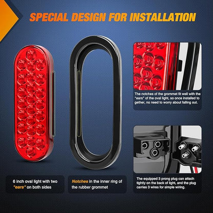 Nilight 6Inch Oval Trailer Tail Light 4PCS White Red 24LED Brake Turn Signal Reverse Lights w/Flush Mount Grommets Plugs IP67 Waterproof for 12V Truck ATV UTV Bus RV Camper