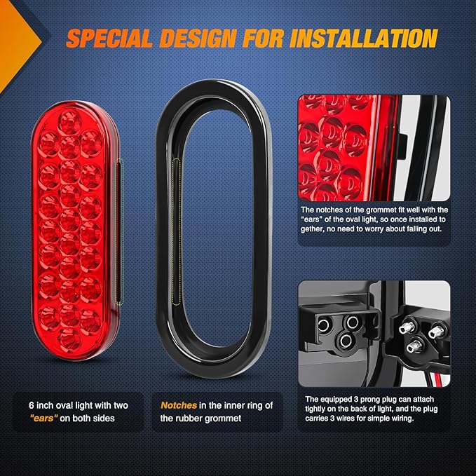 Nilight 6Inch Oval Trailer Tail Light 4PCS Red 24LED Stop Brake Turn Marker Lights w/Flush Mount Grommets Plugs IP67 Waterproof for 12V Truck ATV UTV Bus RV Camper