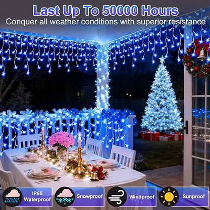 810LED 82FT Christmas Lights, 180Drops 12 Modes Blue Christmas String Lights Outdoor Dimmable, Waterproof Christmas Decoration Fairy Lights with Timer for Eaves Indoor Party Patio Window Fence Blue