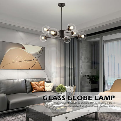 Bagood 8-Light Globe Sputnik Chandelier Mid Century Sputnik Chandeliers Modern Black Chandelier with Clear Globe Pendant Light Clear Glass Adjustable Hanging Ceiling Light for Living Dining Room