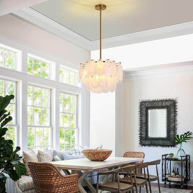 KELUOLY Modern Gold Chandeliers, 17.7" Luxury Cloud Glass Light Fixture, 2-Layer Round Ceiling Hanging Light Fixture for Bedroom Dining Room Kitchen Island Living Room Entryway Bar Farmhouse 6-Light