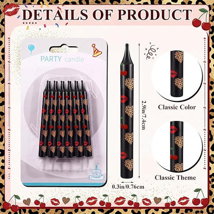 Conelist 12 Pcs Cheetah Cherry Themed Birthday Candles Cartoon Red Black Birthday Decorations Movie Cake Toppers for Themed Party Supplies