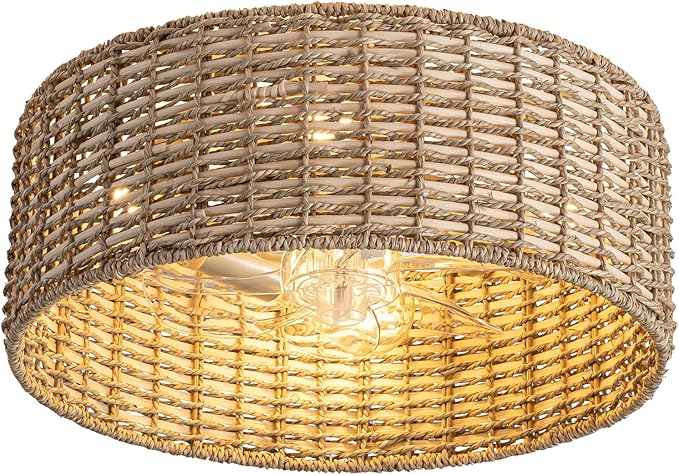 Handwoven Boho Rattan Ceiling Fan with Light,Flush Mount Caged Ceiling Fans with Lights and Remote Control,Low Profile Enclosed 6 Speeds Fandelier for Bedroom Living Dining Room,4-Light