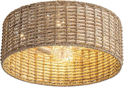 Handwoven Boho Rattan Ceiling Fan with Light,Flush Mount Caged Ceiling Fans with Lights and Remote Control,Low Profile Enclosed 6 Speeds Fandelier for Bedroom Living Dining Room,4-Light