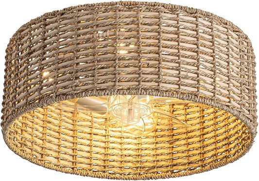 Handwoven Boho Rattan Ceiling Fan with Light,Flush Mount Caged Ceiling Fans with Lights and Remote Control,Low Profile Enclosed 6 Speeds Fandelier for Bedroom Living Dining Room,4-Light