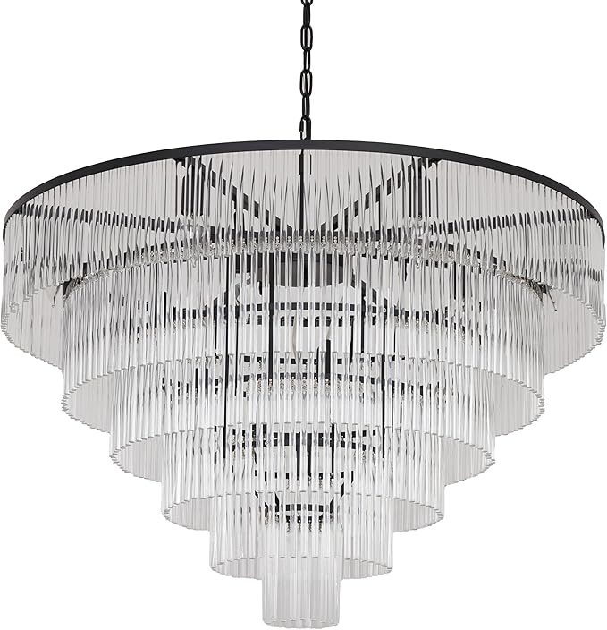 Modern Multi-Tier Crystal Chandelier 6-Tier Round Black Finish Ceiling Light -Cylindrical Glass Rods -Dining Room Living Room Bedroom Entryway -Luxury Lighting Fixture 35.5''