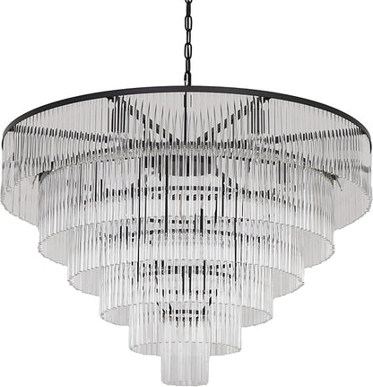 Modern Multi-Tier Crystal Chandelier 6-Tier Round Black Finish Ceiling Light -Cylindrical Glass Rods -Dining Room Living Room Bedroom Entryway -Luxury Lighting Fixture 35.5''