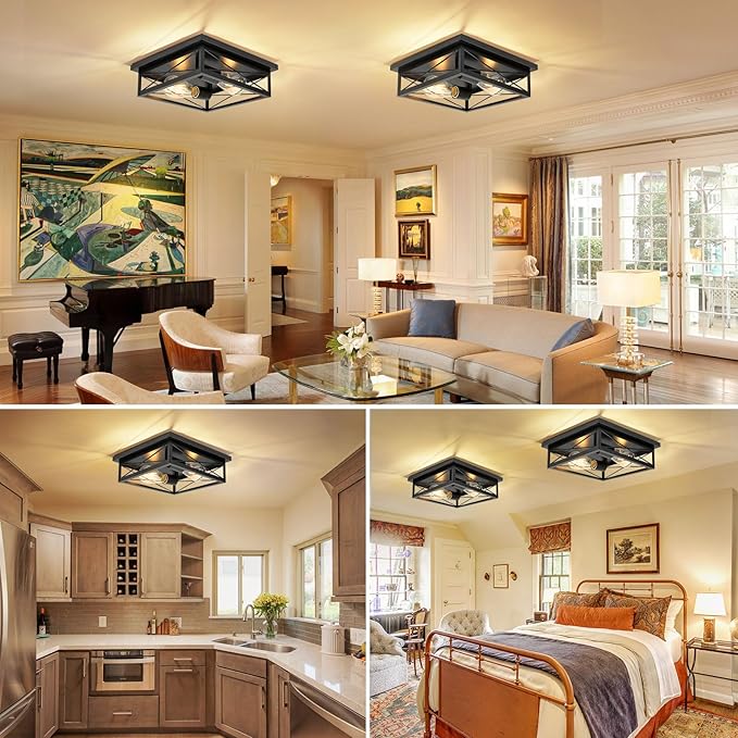 2 Pack Farmhouse Ceiling Light Fixture - Industrial Square Modern Black Flush Mount Ceiling Light for Kitchen, Hallway, Bedroom, Balcony, Porch, Stairway, E26 (Black, 10 Inch)