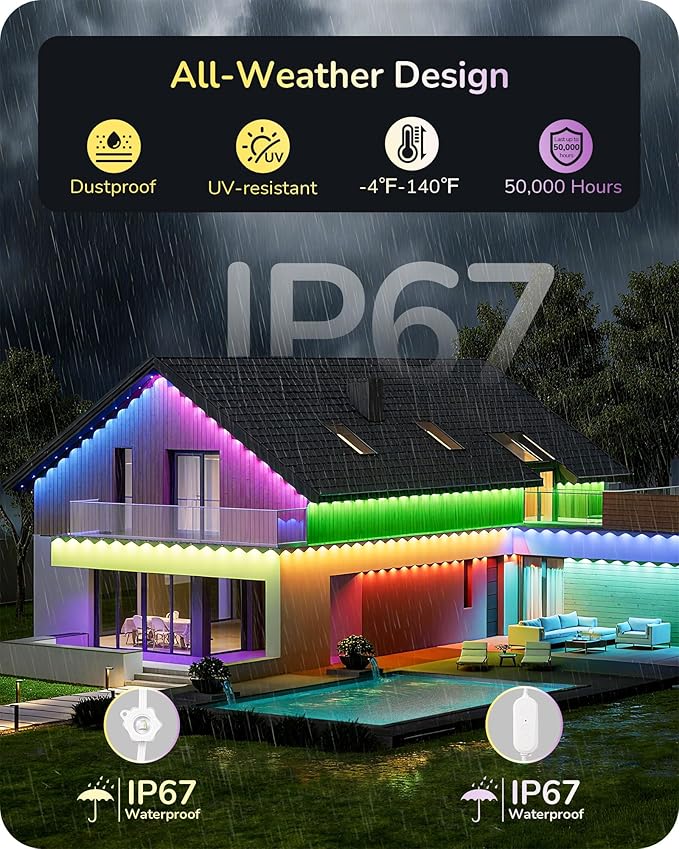 EDISHINE 200FT Outdoor Permanent Lights for House, Cuttable 120 RGBIC LED Smart Eave Lights, 111+ Scene Modes Outdoor Smart Lights, APP/Voice/Remote, IP67 Waterproof for House Outdoor Decor