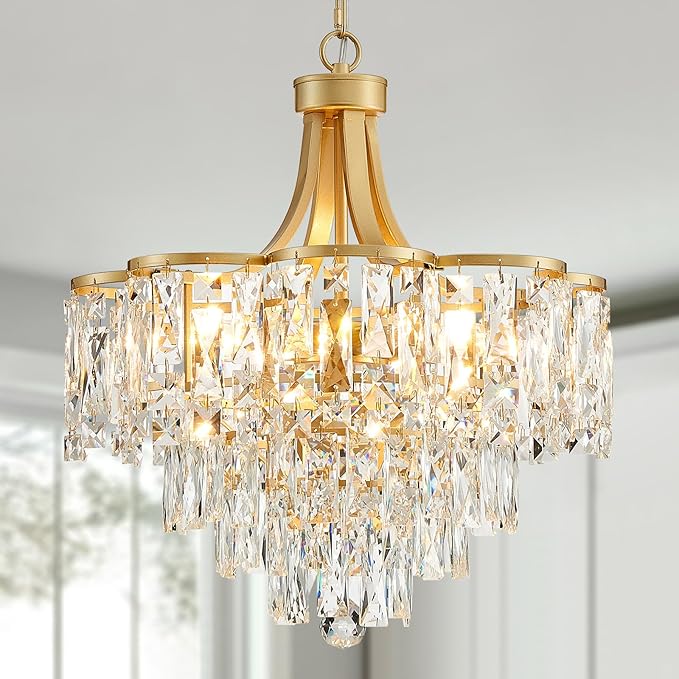 WUZUPS Crystal Chandelier Pendant Ceiling Light Modern Lighting Fixture for Bedroom Hallway Entry Kitchen Bathroom, H 21.1" x W 19.3", E12 Base, Gold