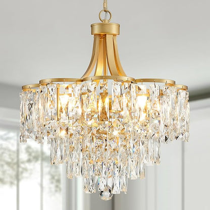 WUZUPS Crystal Chandelier Pendant Ceiling Light Modern Lighting Fixture for Bedroom Hallway Entry Kitchen Bathroom, H 21.1" x W 19.3", E12 Base, Gold