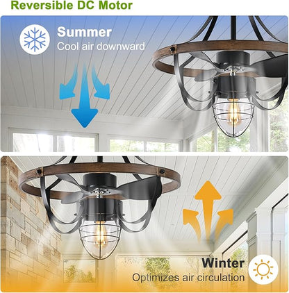 Garwarm Waterproof Outdoor Ceiling Fan with Lights and Remote,IP44 Black Outdoor/Indoor Ceiling Fans for Patios 6-Speed DC Motor, Farmhouse Gazebo Fan for Porch Pavilion