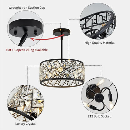 Rpzloila 3-Light Crystal Ceiling Light Fixture, Modern Semi Flush Mount Ceiling Light, Black Crystal Chandelier for Kitchen Bedroom Bathroom Entryway Hallway