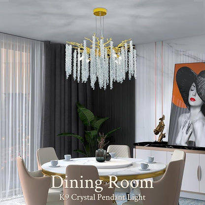 Benkut Modern Tree Branch Crystal Chandelier Luxury Gold Raindrop Pendant Lighting 23.6" Contemporary 8-Light Chandeliers for Dining Room Kitchen Bedroom Living Room
