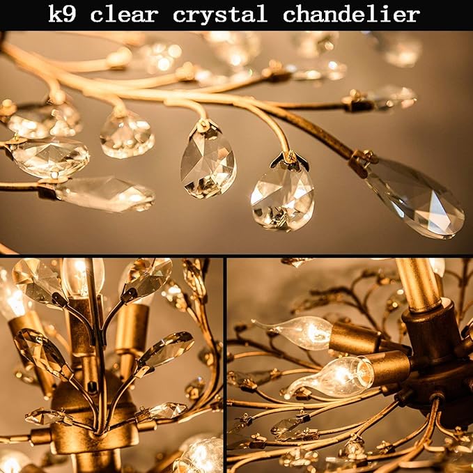 Garwarm 3-Light Crystal Chandeliers,Ceiling Lights,Crystal Pendant Lighting,Ceiling Light Fixtures for Living Room Dining Room Bedroom Restaurant Porch(Gold)
