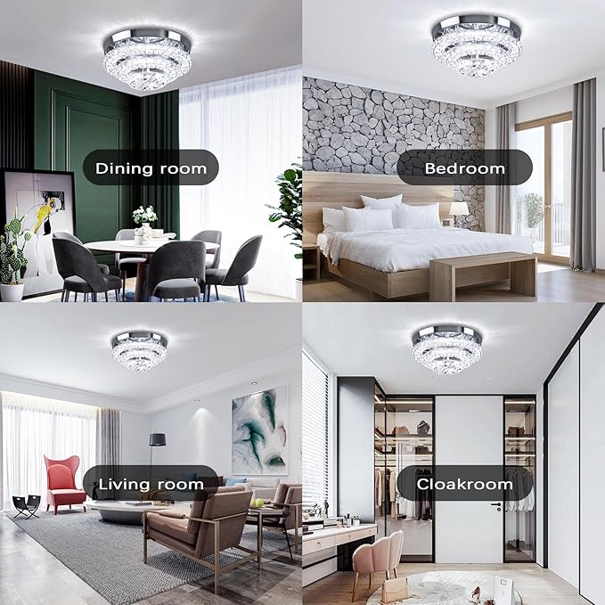 11.8" Modern Crystal Chandeliers LED Crystal Ceiling Light Fixture Flush Mount Ceiling Chandelier Light Chandelier for Dining Room Hallway Three-Tier Dimmable with Remote Control