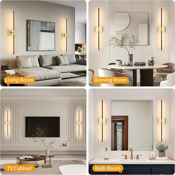 Morauroral Walnut Battery Operated Wall Sconce with Remote Control, Rechargeable Wall Sconces Set of 2, LED Wireless Wall Light, 24″ Modern Sconce Wall Decor for Background Wall, Bedroom, Living Room