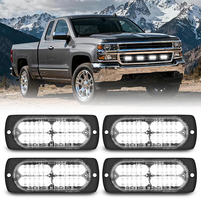 Nilight 4PCS 24LED Emergency Strobe lights 12V 24V White Surface Mount Grille Hazard Safety Warning Light Sync Feature Side Flashing Marker Flash for Car Truck Campers