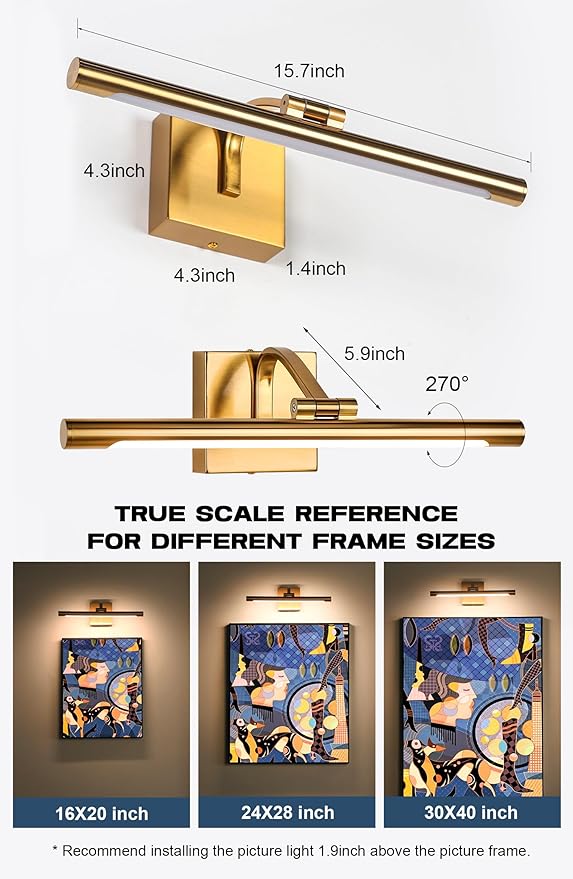 Picture Light for Wall 15.7 inch Hardwired Art Lighting for Paintings Gold Brass 2800K Dimmable Gallery Light with Rotatable Light Tube