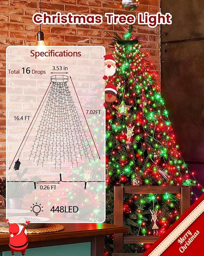 2025 New Christmas Tree Lights Indoor with Voice Control & Remote | 448LED Waterfall Tree Topper Lights with 12 Modes & Timer, 7FT x 16 Lines Cascading Twinkle Lights for 7FT Xmas Decor(Red Green)