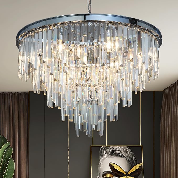 31'' Chrome Top K9 Crystal Chandelier Modern Lighting Fixture, 16 Lights Round K9 Crystal Adjustable Hanging Lamp for Dining Room Bedroom Living Room,Hallway,Bar,Kitchen