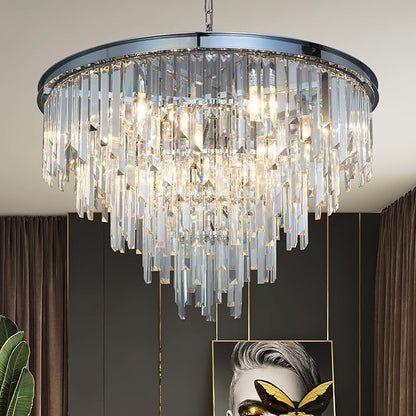 31'' Chrome Top K9 Crystal Chandelier Modern Lighting Fixture, 16 Lights Round K9 Crystal Adjustable Hanging Lamp for Dining Room Bedroom Living Room,Hallway,Bar,Kitchen