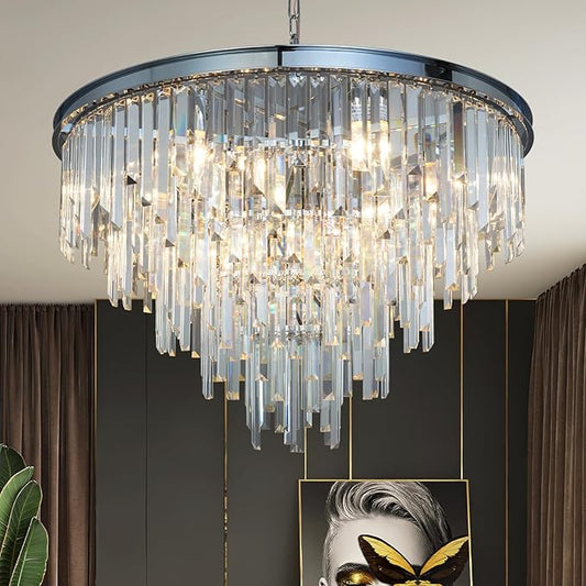 31'' Chrome Top K9 Crystal Chandelier Modern Lighting Fixture, 16 Lights Round K9 Crystal Adjustable Hanging Lamp for Dining Room Bedroom Living Room,Hallway,Bar,Kitchen