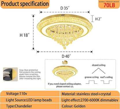 Modern Crystal Chandelier for Living Room, 40in Led Gold Crystal Drop Ceiling Light, Crystals Chandeliers for Dining Room, Living Room, Bedroom