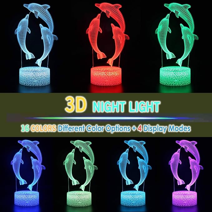 TriPro 3D Dolphin Night Light, LED Optical Illusion Lamp with 16 Colors & Remote Control, USB Touch Bedside Lamp for Kids Bedroom Decor, Ocean Animal Gift for Boys Girls Teens