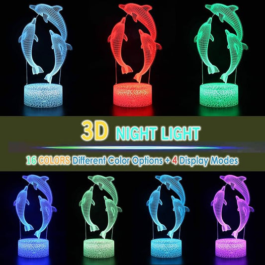 TriPro 3D Dolphin Night Light, LED Optical Illusion Lamp with 16 Colors & Remote Control, USB Touch Bedside Lamp for Kids Bedroom Decor, Ocean Animal Gift for Boys Girls Teens