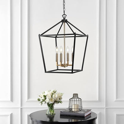 JONATHAN Y 16" Oil Rubbed Bronze/Brass Gold Lantern Pendant Light, 1-Light Pagoda Style Metal Cage Farmhouse Hanging Ceiling Fixture for Kitchen Island, LED Bulb Included (JYL7437D)