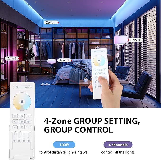 4-Zone 2.4G Wireless RF Remote Control, 99ft 360 Control, 4 Channel Group Control for Home CCT LED Strip Lights