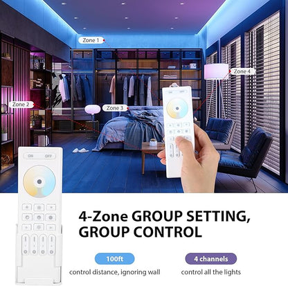 4-Zone 2.4G Wireless RF Remote Control, 99ft 360 Control, 4 Channel Group Control for Home CCT LED Strip Lights