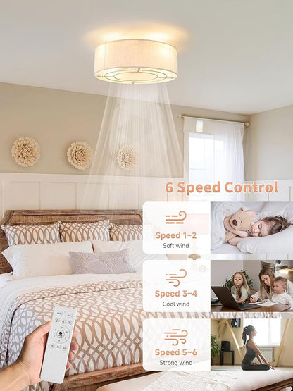 Ceiling Fans with Lights, 20" Boho Ceiling Fan with Light Flush Mount, Drum Rattan Low Profile with 6 Speeds, Remote Control for Bedroom, Nursery, Living Room
