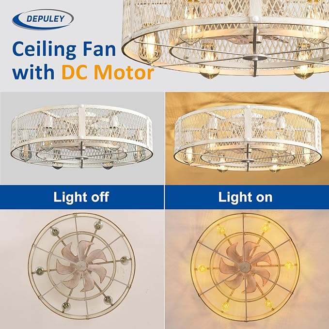 Depuley Flush Mount Ceiling Fan: 26" Caged Ceiling Fans with Lights and Remote Control for Kitchen Bedroom Farmhouse - Rustic Low Profile Ceiling Fandelier Lights Reversible 6 Speed Timer Cement