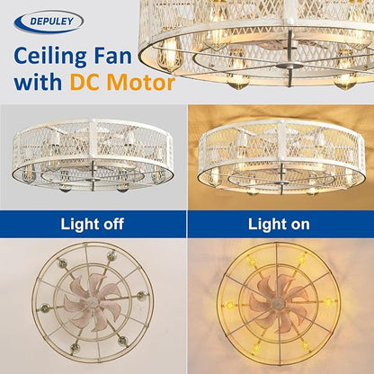 Depuley Flush Mount Ceiling Fan: 26" Caged Ceiling Fans with Lights and Remote Control for Kitchen Bedroom Farmhouse - Rustic Low Profile Ceiling Fandelier Lights Reversible 6 Speed Timer Cement